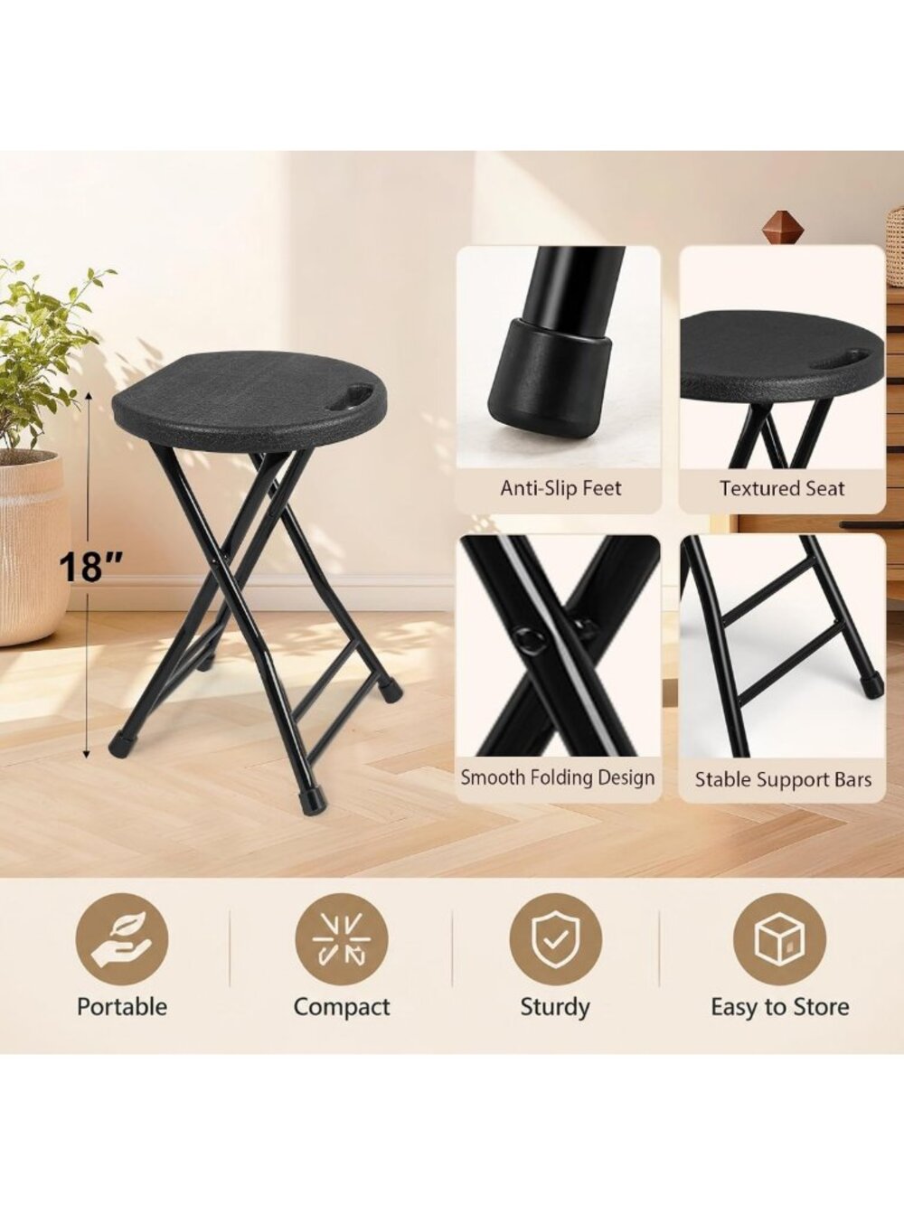 Portable Folding Stool with Handle, Non-Slip Feet, Indoor/Outdoor Use, Compact - Picture 4 of 7